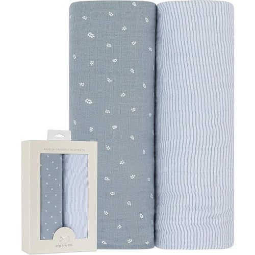 Ely's & Co. Muslin Swaddle Blanket 2-Pack — 100% Cotton Muslin Extra-Large Swaddle Blankets (47” x 47”) Solid Blue + Printed Blue Leaf