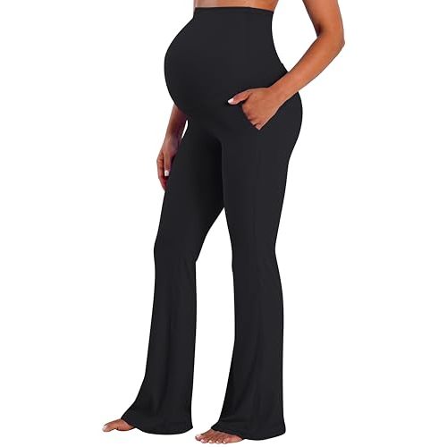 Sunzel Maternity Flare Leggings with Pockets Over The Belly, Buttery Soft Pregnancy Wide Leg Yoga Pants
