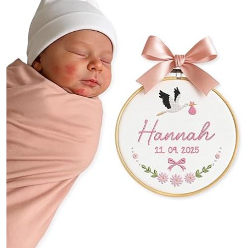 Personalized Baby Name Sign Newborn Baby Embroidery Hoop with Bows Welcome Baby Announcement Sign Baby Hospital Name Sign Custom Infant Baby Name Baby Shower Gifts (04)