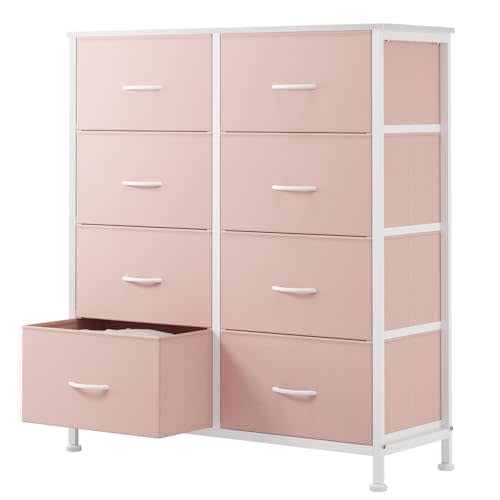 Sweetcrispy 8 Drawer Fabric Dresser for Bedroom, Tall Dresser, Pink | Sturdy Chest of Drawers, Steel Frame and Wooden Top, Closet Living Room Storage Organizer with Easy Pull Handles