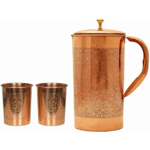 100% Pure Copper Embossed Design 1500 ML Jug Pitcher & Embossed 250ml 2 Tumbler Set