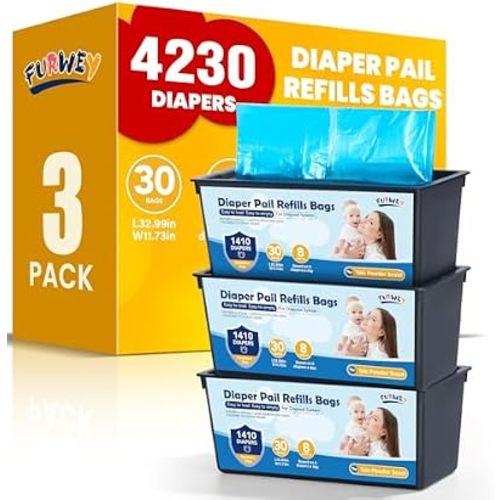 FURWEY Diaper Pail Refill Bags, 3-Pack (90 Bags), 30 Bags Per Refill