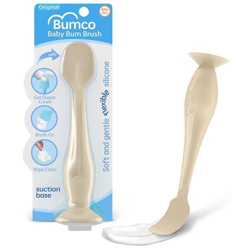 Bumco Baby Bum Brush - BPA-Free Diaper Cream Spatula with Suction Cup Base, Soft & Flexible Silicone, Wipe-Clean, Mom-Invented Diaper Bag Essentials (Sand)