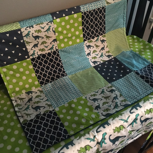 Custom Crib Bedding Set, Made to Order, with a modern dinosaur theme in navy, lime green and turquoise, with Dino fabrics, polka dots