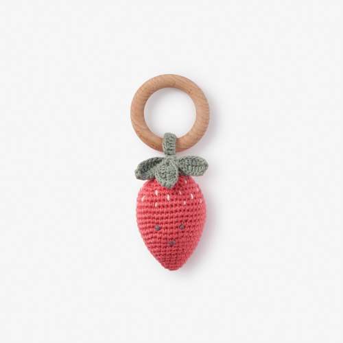Scarlett the Strawberry Hand-Crocheted Wood Ring Rattle – Elegant Baby