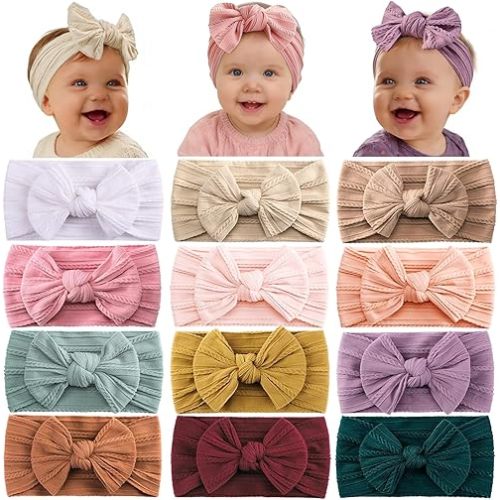 12PCS Baby Nylon Headbands Hairbands Hair Bow Elastics for Baby Girls Newborn Infant Toddlers Kids Colorful
