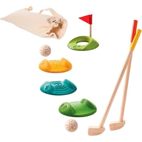 PlanToys® Mini Golf Set for Kids | Eco-Friendly Wooden Golf Game with 2 Putters, 2 Golf Balls, 3 Obstacles, Target Goal & Travel Bag | Perfect for Indoor & Outdoor Play