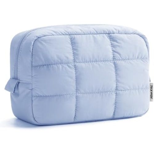 Narwey Quilted Makeup Bag for Women Girl, Puffer Travel Cosmetic Bag Puffy Make Up Bag Organizer, Cute Travel Toiletry Bag for Toiletries (Blue)