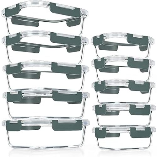 VERONES 10 PACK Glass Meal Prep Containers Set with Lids, Grey