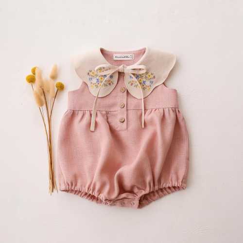 Baby Bubble Romper in Powder Linen with Embroidered Petal Collar "Geese in Flowers" in Ivory Linen, One Silly Goose Birthday