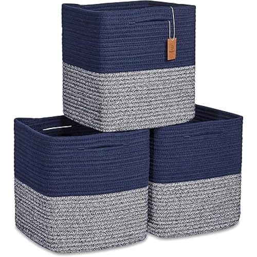 NaturalCozy Storage Cubes 11 Inch Cotton Rope Woven Baskets for Organizing, 3-Pack | Cube Storage Bin | Square Storage Baskets for Shelves Organizer, Classroom, Kids Toy Bins, Closet, Baby Nursery