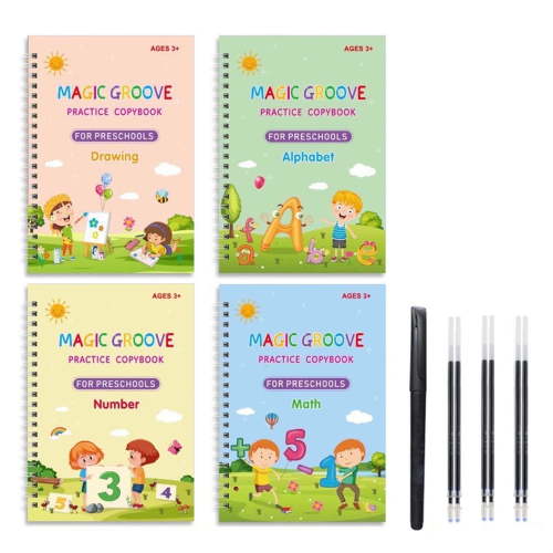 Bexikou Practice Copybook Learning to Write Notebook, Calligraphy Groove Design, 4 Books with Pen and Refills