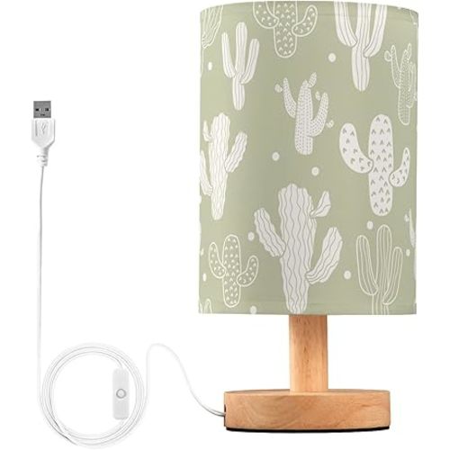 Bedside Table Lamp Cute Cactus Tropical Cacti Dot Green Nightstand Lamp with Wood Desk Lamps for Bedroom Living Room Nursery Office Home Decor