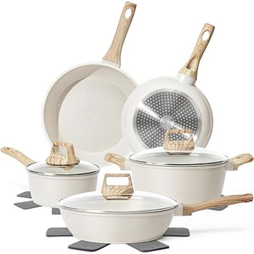 SODAY 12 Pcs Pots and Pans Set Non Stick, Cookware Sets White Granite Induction Cookware, Non-toxic Healthy Nonstick Kitchen Cooking Set with Frying Pan Set, Saucepans (PFAS/PFOA/PFOS Free)