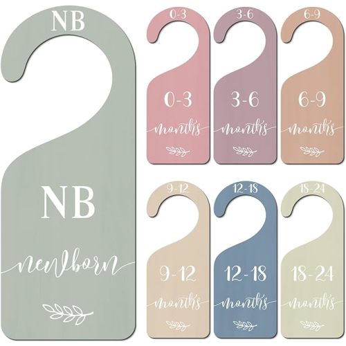 Whaline 7Pcs Boho Wooden Baby Closet Size Dividers with Pink Velvet Bag Newborn to 24 Month Thicken Infant Wardrobe Hanger Organizers for Home Nursery Party Gift Supplies