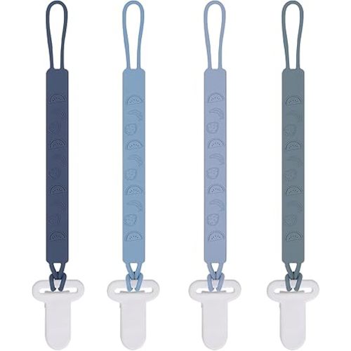 One Piece Design Silicone Pacifier Clip Holder for Baby Boys and Girls,Pack of 4 Flexible Paci Leash,Binky Clips,Newborn Essentials (Fruits, Gray)