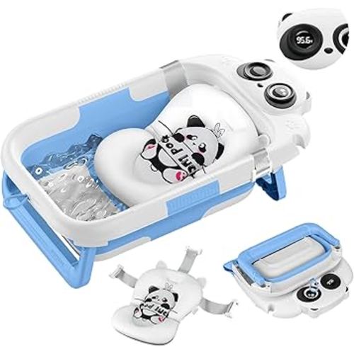 Collapsible Baby Bathtub for Newborn, Baby Bath Tub with Thermometer & Soft Floating Cushion & Drain Hole for Infant to Toddler, Portable Travel Bathtub with No-Slip Feet for 0-36 Months-Blue