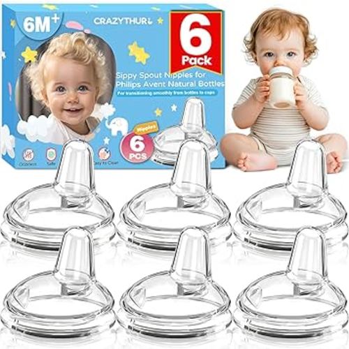 Sippy Spout Nipples(6 Pack), Compatible with Philips Avent Natural Bottles, My Grippy Spout & Natural Trainer Sippy Cup, 100% Food Grade Silicone Sippy Cup Nipples, 6m+, Leak-Proof, BPA-Free