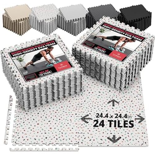 bemaxx Gym Mats Set - 24 pcs EVA Interlocking Foam Floor Tiles (24.4"x24.4"x0.4") 96 sqft Protective Gym Flooring Sports Home Workout Exercise Mats Puzzle Garage Fitness Play-Room Pool Treadmill Bike