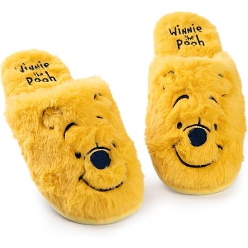 Disney Winnie the Pooh Pantuflas para mujer | Mulas de piel de oso de peluche para mujer en amarillo | Zapatos bordados para el hogar