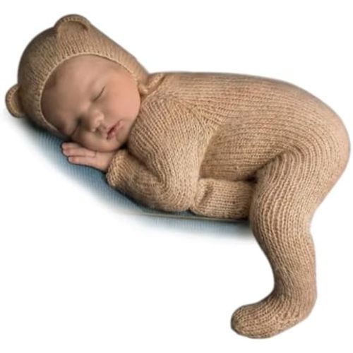 Newborn Photography Props Teddy Bear Outfit,Footed Romper With Bear Hat For Baby Photo Shooting