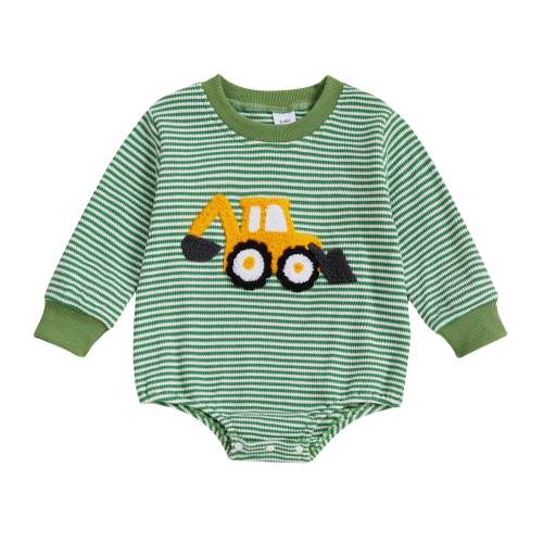 Baby Boy Fall Bubble Romper Casual Digger Tractor Embroidery Striped L – August + Willow
