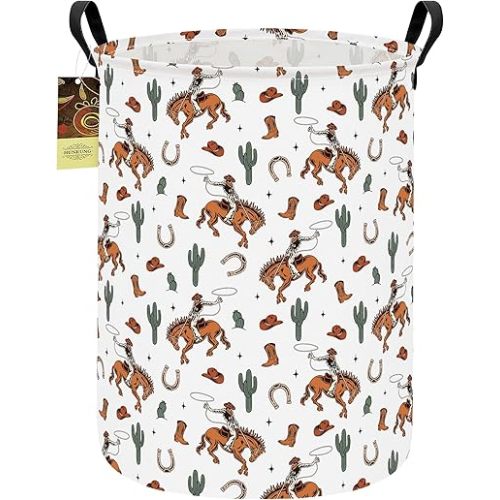 Collapsible Fabric Storage Basket, Waterproof Laundry Hamper with Handles, Round Storage Bin for Clothes Toys, Foldable Organizer for Bedroom Nursery Bathroom(Round-Cowboy)