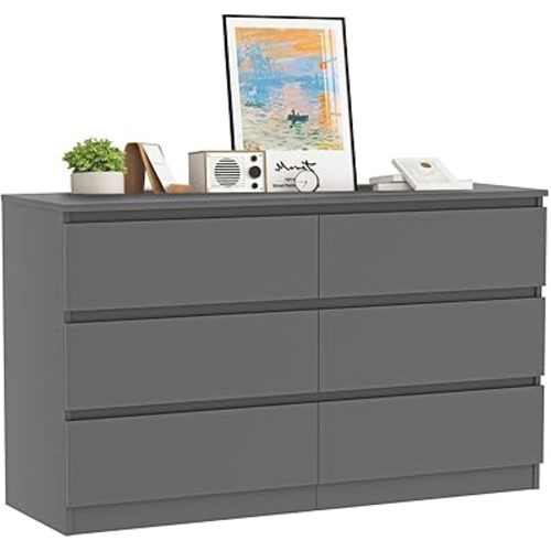 VERYKE Grey 6 Drawer Dresser for Bedroom,Chest of Drawers with No-Handle Design for Closet,Modern Wood Dresser Bedroom Storage Furniture