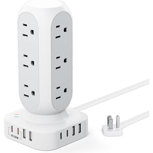 65W Fast Charging Station, Flat Plug Power Strip Tower with 12 AC Outlets & 8 USB Ports (2 PD USB-C Ports), 10FT Extension Cord, Compatible for MacBook Pro, iPhone Series.
