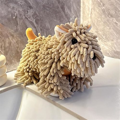 Chenille Hand Towel - Cute Cartoon Dog Plush Fuzzy Ball Hand Towel, Super Absorbent Hanging Kitchen & Bathroom Towels for Kids, Soft Hand Drying Puff for Bath, Washstand (Brown)