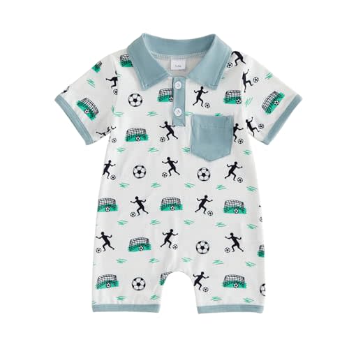 Sasaerucure Newborn Infant Baby Boy Soccer Outfit Short Sleeve Button Down Onesie One Piece Summer Romper Clothes