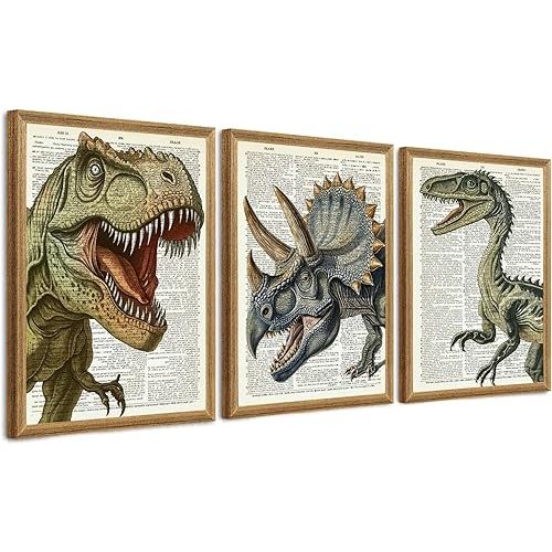 Ovczax 3 Pieces Dinosaur Canvas Wall Art - Tyrannosaurus Rex, Triceratops, Velociraptor Decor For Kids Room Game Room, Living Room, Bedroom 16" x 12"With Framed