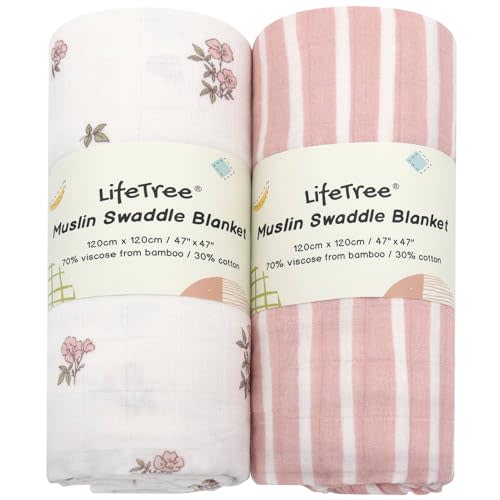 LifeTree Baby Swaddle Blankets, Boys Girls Muslin Swaddling Wrap Receiving Blanket for Newborn, 70% Viscose from Bamboo and 30% Cotton, Large 47" x 47", Pink Floral and Stripe