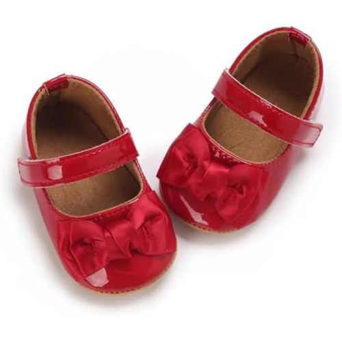 Timatego Baby Girl Mary Jane Flats Lace Bow Non-Slip Soft Sole Newborn First Walker Wedding Princess Party Dress Shoes