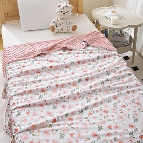 DaysU Silky Micro Soft Plush Baby Blankets for Girls with Print Floral Pattern and Soothing Raised Dots, Double Layer Bed Throws for Toddler Cot, Blossom, Pink, 50x60 Inches