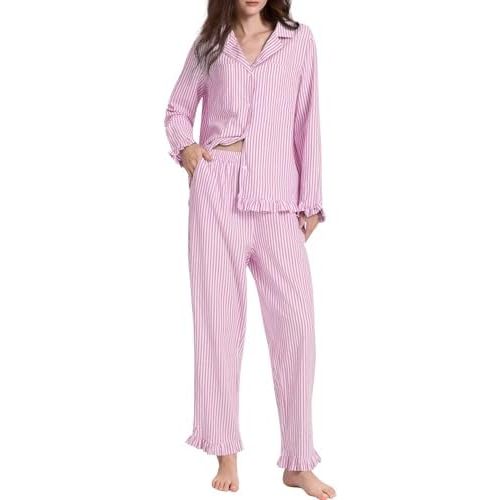 COZYPOIN Womens Striped Pajamas Set 2 Piece Cotton Button Pjs Sleepwear Cute Ruffle Long Sleeve Shirt Pants Lounge Set