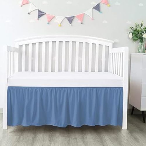 Dust Ruffle Crib Skirt, 100% Egyptian Cotton 800 Thread Count, Mini Crib Size (24" x 38"+10") Inch Drop Toddler Bed Skirt for Baby Boys or Girls - Medium Blue Solid