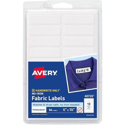 Avery No-Iron Fabric Labels, 1/2" x 1-3/4", Washer and Dryer-Safe Waterproof Labels, Non-Printable, 54 Total (40720)