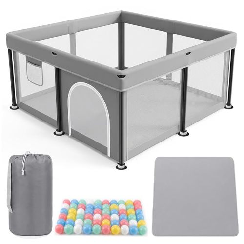 Foldable Baby Playpen with Mat, 50"x50" Play Yard, Indoor & Outdoor Use