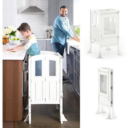 Martha Stewart Kitchen Helper Toddler Tower by Guidecraft - Linen White | Foldable Wooden Learning Toddler Standing Tower & Adjustable Step Stool | Montessori Kids Counter Height Kitchen Stool