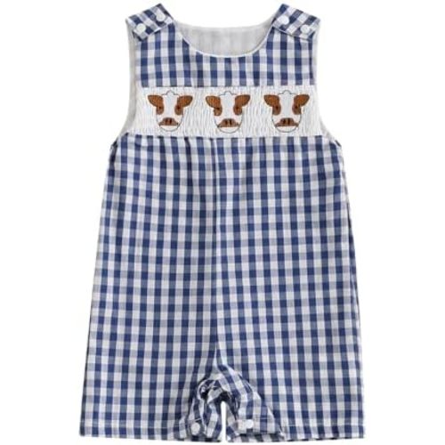 Toddler Western Baby Boy Clothes Horse Riding Embroidery Smocked Jumpsuit Sleeveless Romper Spring Summer Outfit