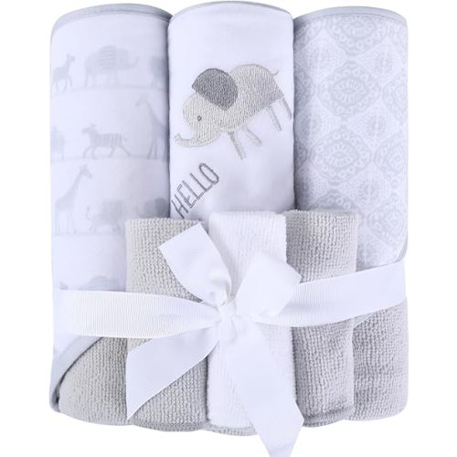 Viviland Baby Towels and Baby Wash Cloths Set Hooded Baby Towels Baby Wipes Absorbent Bath Face Towels Burp Cloths or Face Towels for Girl Boy 6-Pack Size 28 x 28 Inch(Grey Animal Friends)