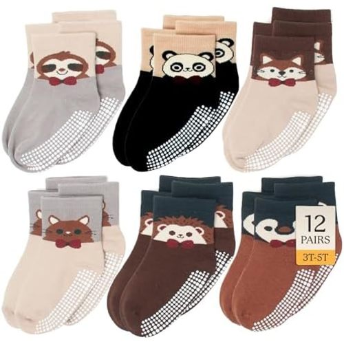 CozyWay Baby & Toddler Socks With Grippers Non Slip Crew Grip Socks for Girls and Boys Soft Comfy Cotton - 12 Pack