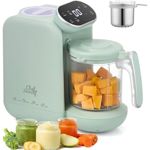 Chefhandy Baby Food Maker with Stainless Steel Steam Basket, One Step 5-in-1 Baby Food Processor Steamer Blender & Steam Cleaning, Auto Cooking, Puree & Baby Warmer with 6 Food Pouches, BPA-Free,Green