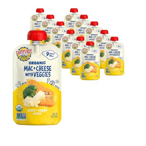Earth's Best Organic Baby Food Pouches, 9+ Months, Pasta and Vegetable Puree for Babies 9 Months and Up, Organic Mac and Cheese with Veggies, 4 Ounce Resealable Pouch (Pack of 12)