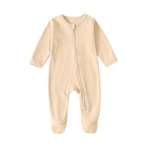 Lopecy-Sta Baby Footed Pajamas with Mitten Cuffs Solid Color Round Neck Rompers Unisex Newborn Infant 2 Ways Zipper Cotton Footie Pjs