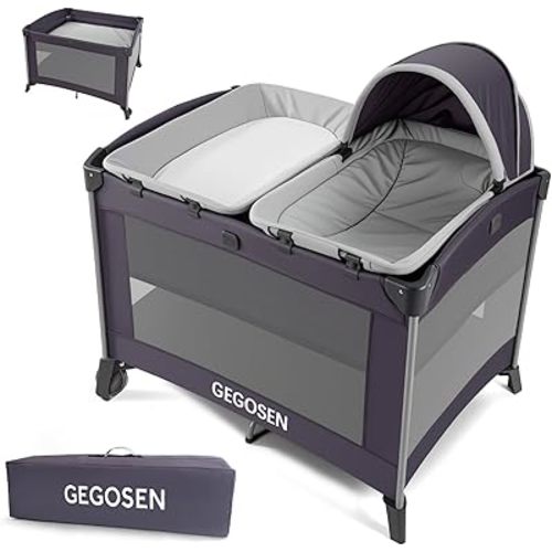 Portable Baby Playard 4 in 1 Design, Foldable Baby Playpen with Removable Bassinet, Canopy and Changing Table, Infant Playrad, Nursery Center Travel Crib