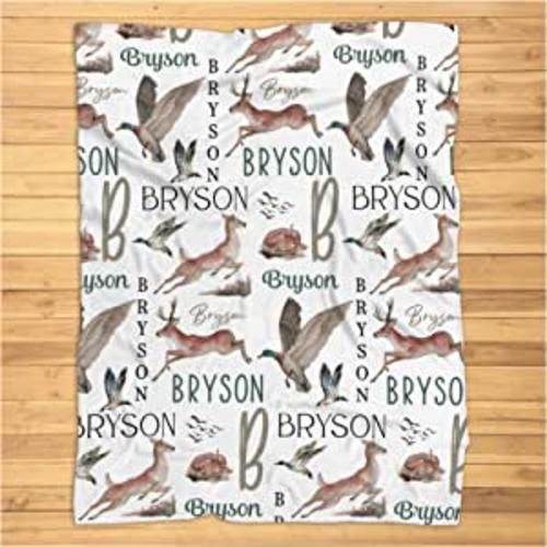 Personalized Mallard Duck Deer Baby Blanket, Custom Duck Hunting Blanket, Woodland Animals Baby Name Blanket, Deer Baby Boy Receiving Blanket, Wildlife Hunting Baby Super Soft Plush Fleece Blanket