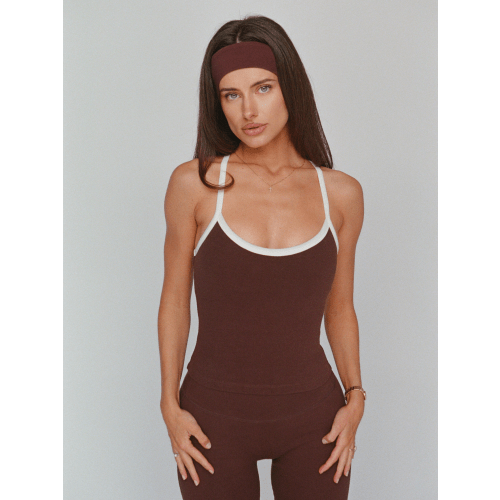 organic cotton piped tank with built-in bra – chocolate brown