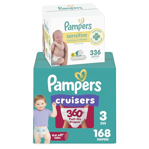 Diapers Size 3, 168 Count and Baby Wipes - Pampers Pull On Cruisers 360° Fit Baby Diapers with Stretchy Waistband, ONE MONTH SUPPLY with Sensitive Wipes, 6X Pop-Tops, 336 Count (Packaging May Vary)